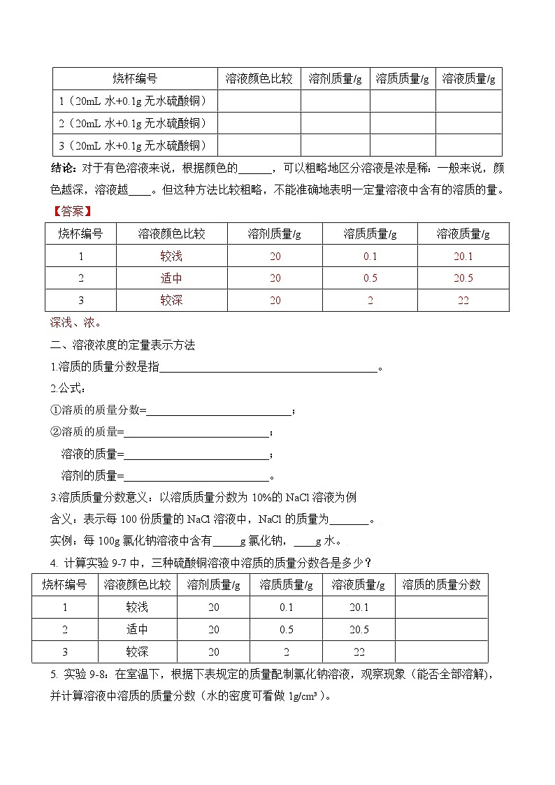 人教版九年级化学下册同步精品练习 《溶液的浓度》导学案(原卷版+教师版)02