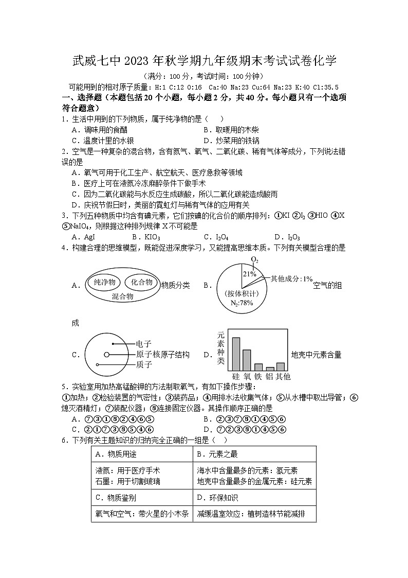 甘肃省武威市凉州区武威第七中学2023-2024学年九年级上学期期末考试化学试题第1页