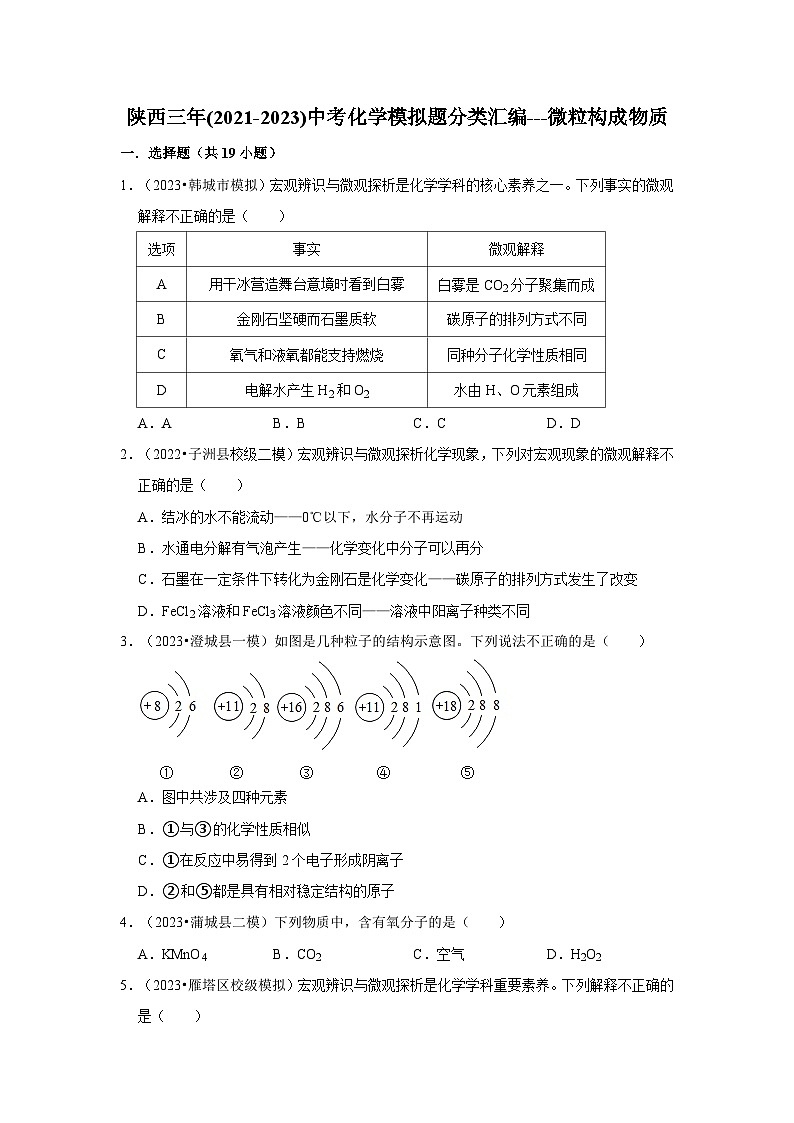 微粒构成物质---陕西三年(2021-2023)中考化学模拟题分类汇编第1页