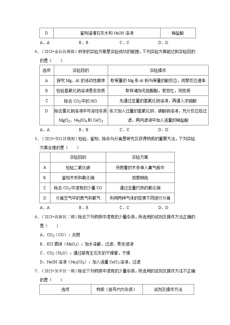 物质的检验、鉴别、分离和提纯---江苏三年(2021-2023)中考化学模拟题分类汇编02