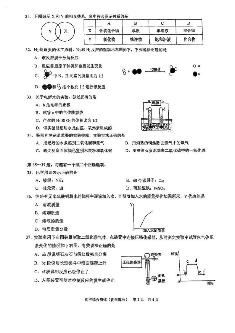 2024上海浦东新区初三一模化学试卷含答案解析02