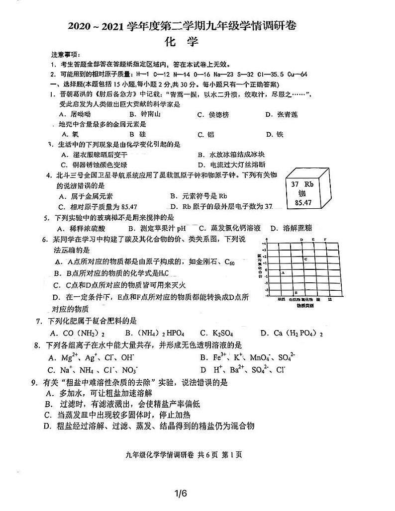 2021年江苏省南京市玄武区九年级学情调研卷化学试卷&答案第1页