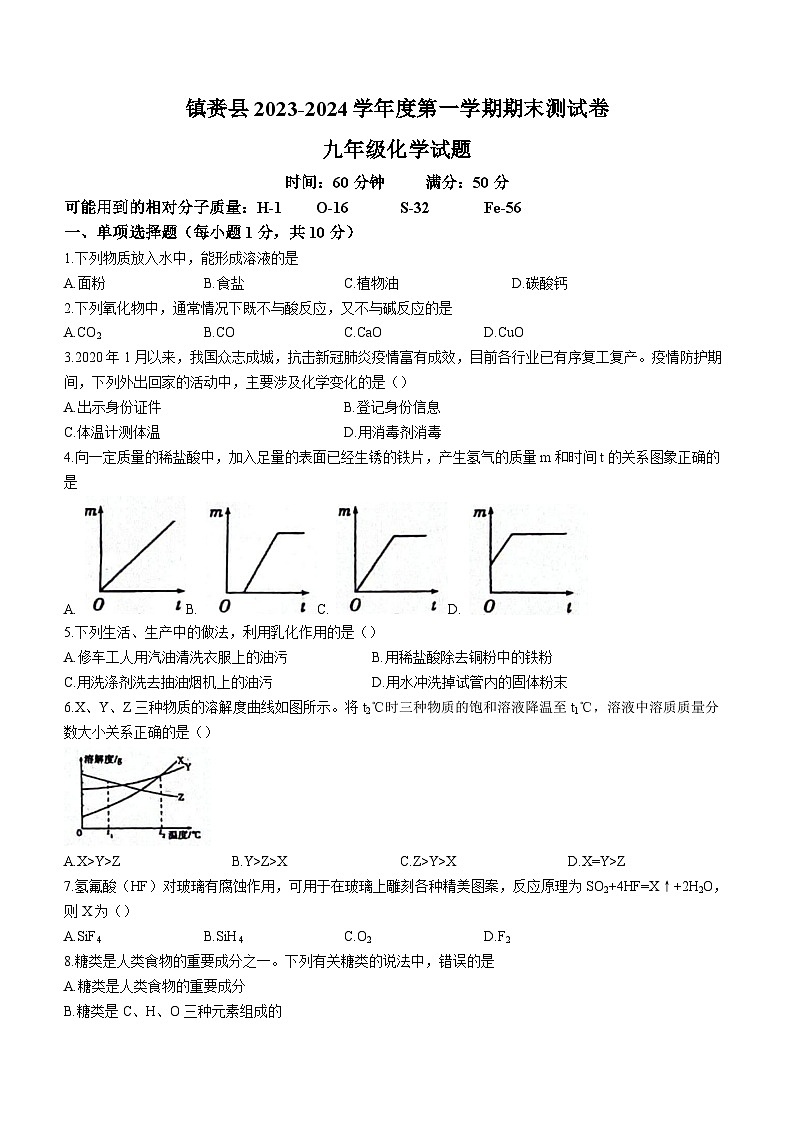 吉林省白城市镇赉县2023-2024学年九年级上学期期末化学试题第1页