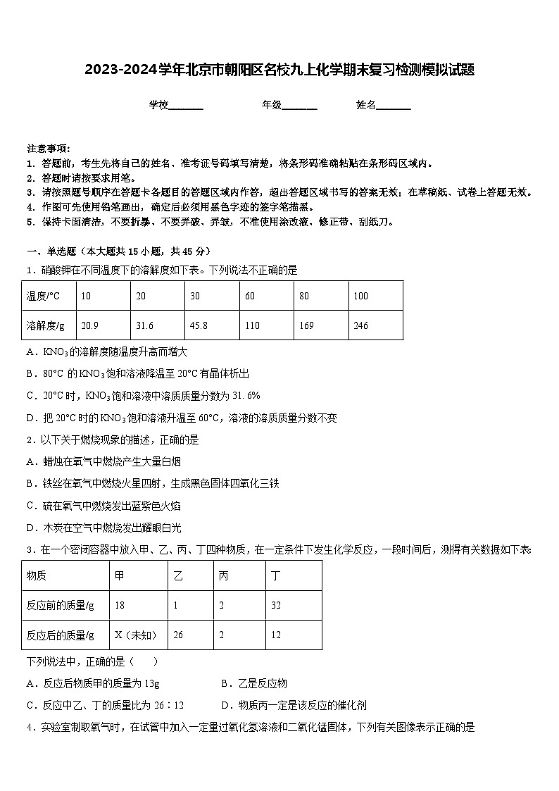 2023-2024学年北京市朝阳区名校九上化学期末复习检测模拟试题含答案第1页