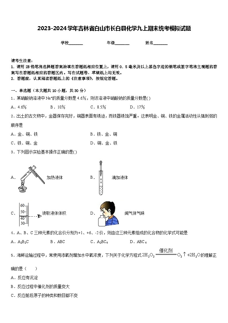 2023-2024学年吉林省白山市长白县化学九上期末统考模拟试题含答案第1页