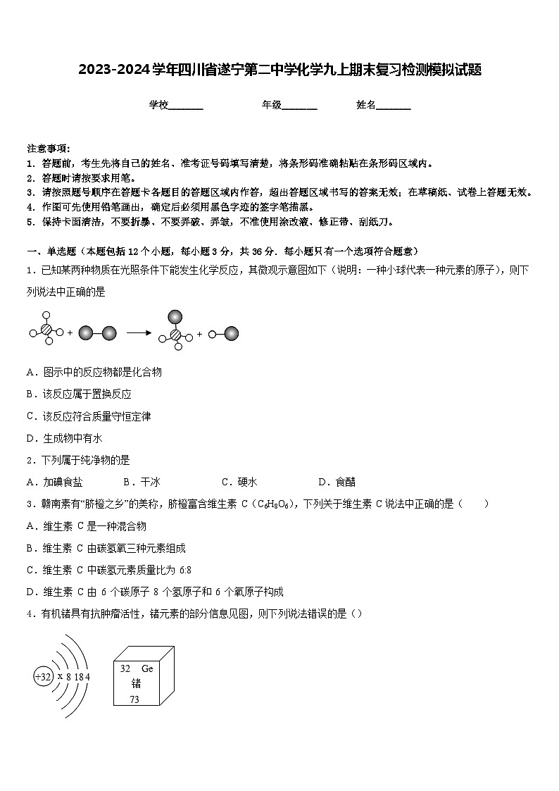 2023-2024学年四川省遂宁第二中学化学九上期末复习检测模拟试题含答案第1页