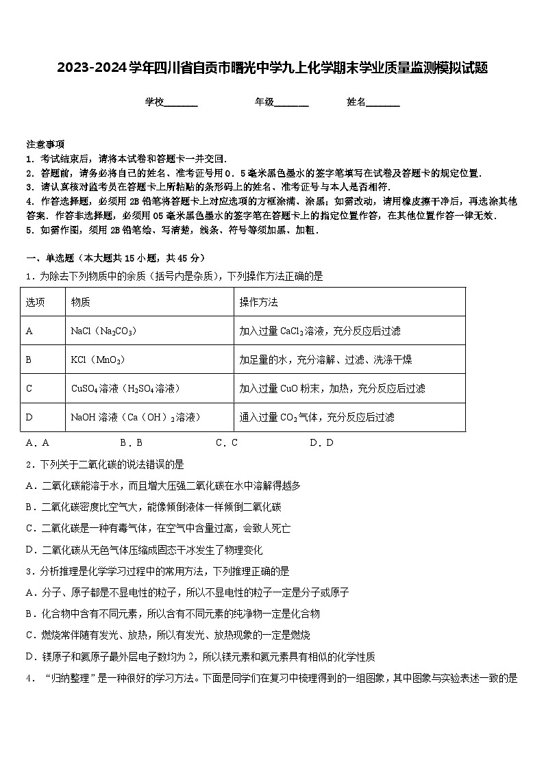 2023-2024学年四川省自贡市曙光中学九上化学期末学业质量监测模拟试题含答案第1页