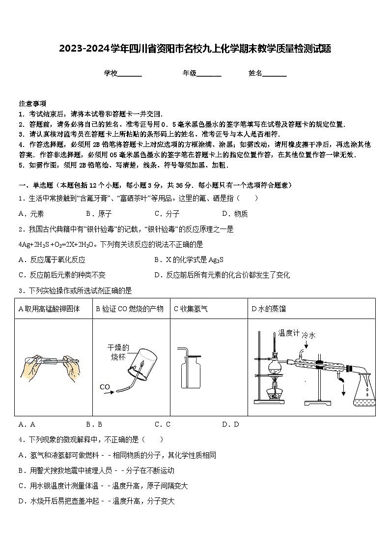 2023-2024学年四川省资阳市名校九上化学期末教学质量检测试题含答案01