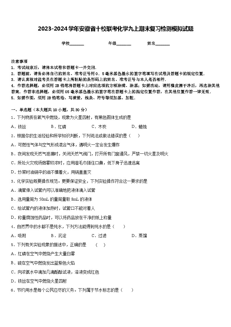 2023-2024学年安徽省十校联考化学九上期末复习检测模拟试题含答案第1页