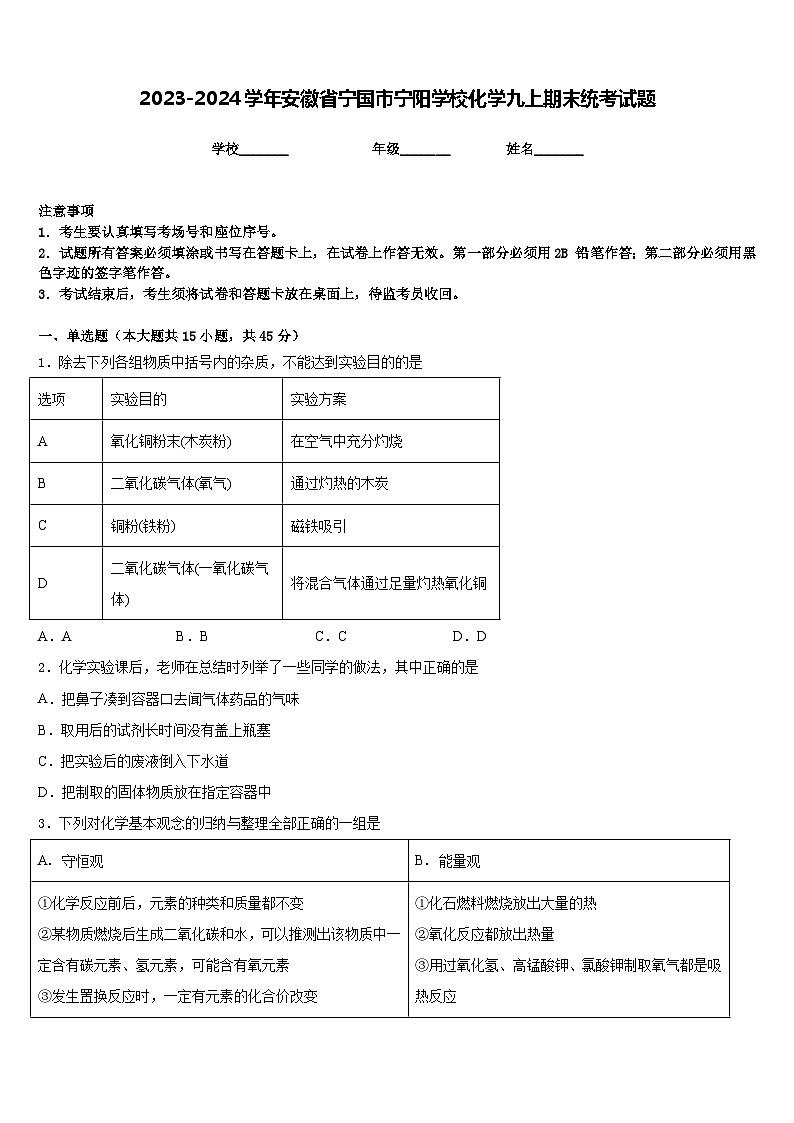2023-2024学年安徽省宁国市宁阳学校化学九上期末统考试题含答案第1页