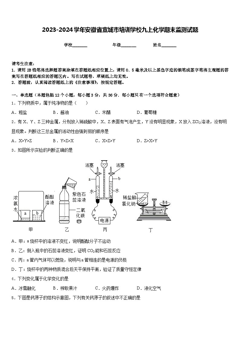 2023-2024学年安徽省宣城市培训学校九上化学期末监测试题含答案第1页