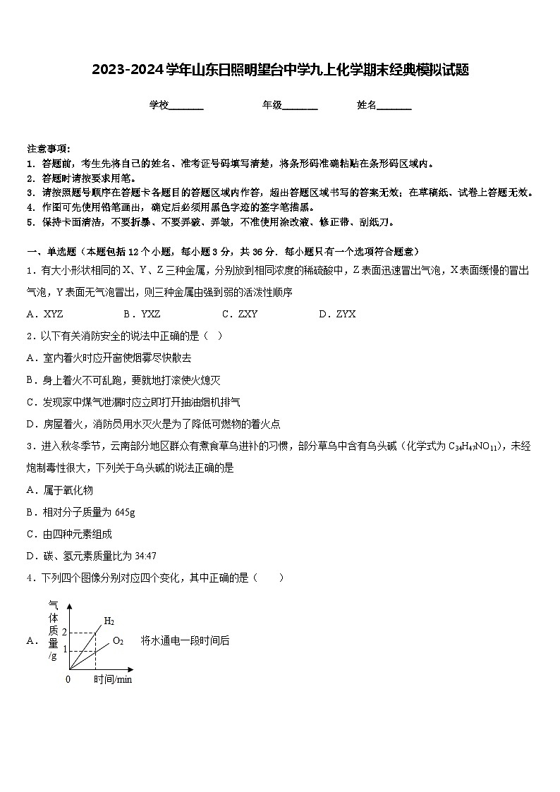 2023-2024学年山东日照明望台中学九上化学期末经典模拟试题含答案第1页