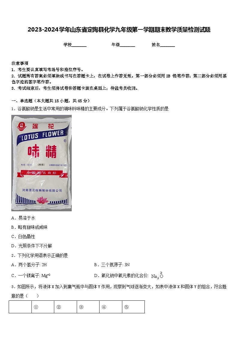 2023-2024学年山东省定陶县化学九年级第一学期期末教学质量检测试题含答案第1页