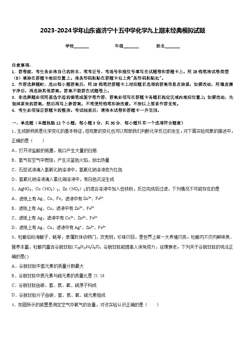 2023-2024学年山东省济宁十五中学化学九上期末经典模拟试题含答案第1页
