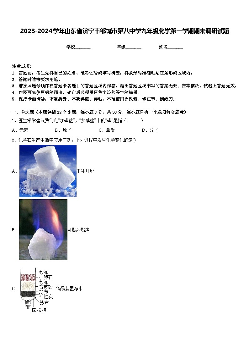 2023-2024学年山东省济宁市邹城市第八中学九年级化学第一学期期末调研试题含答案第1页