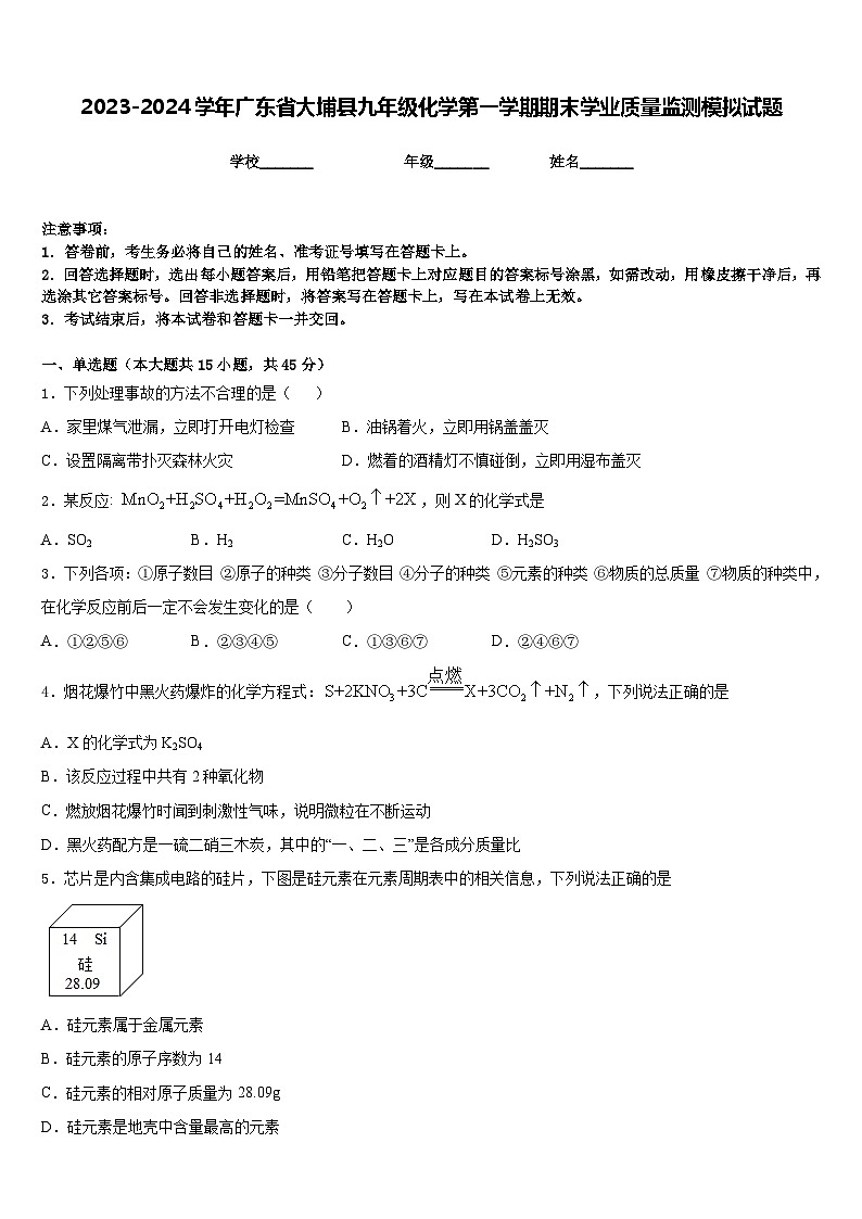 2023-2024学年广东省大埔县九年级化学第一学期期末学业质量监测模拟试题含答案第1页