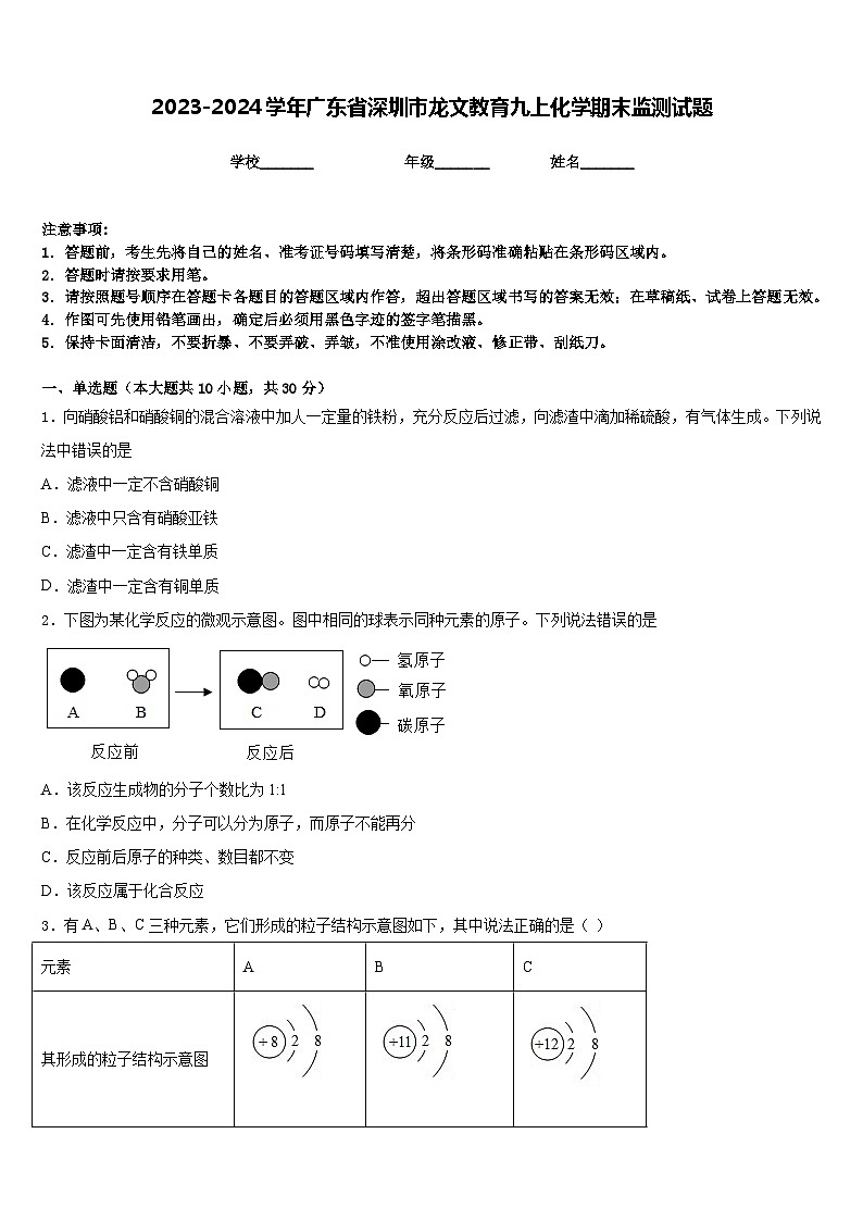 2023-2024学年广东省深圳市龙文教育九上化学期末监测试题含答案第1页