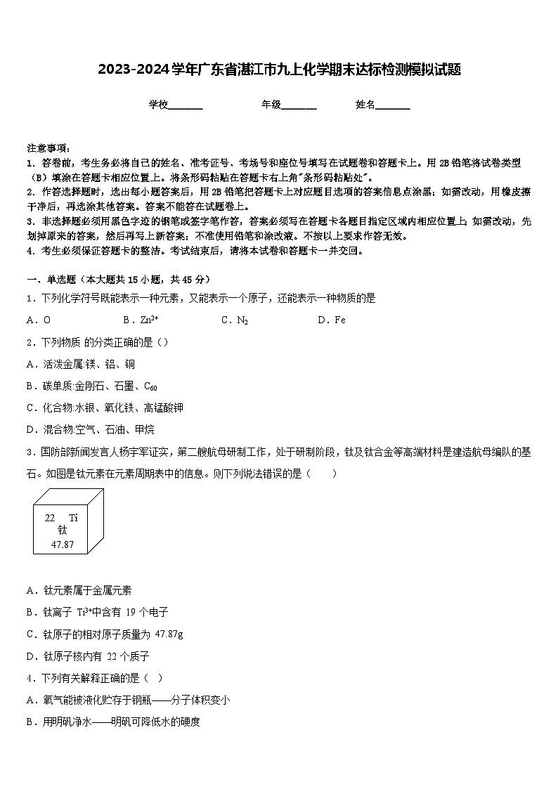 2023-2024学年广东省湛江市九上化学期末达标检测模拟试题含答案第1页