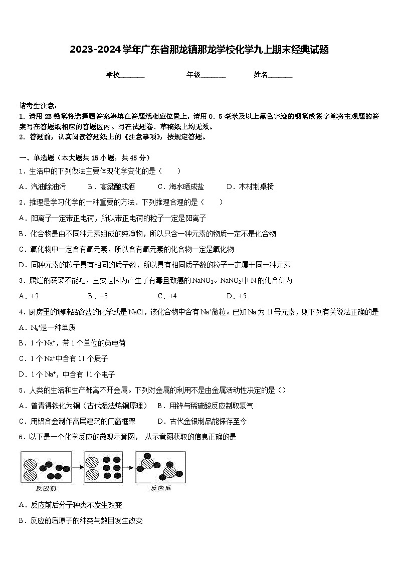 2023-2024学年广东省那龙镇那龙学校化学九上期末经典试题含答案第1页