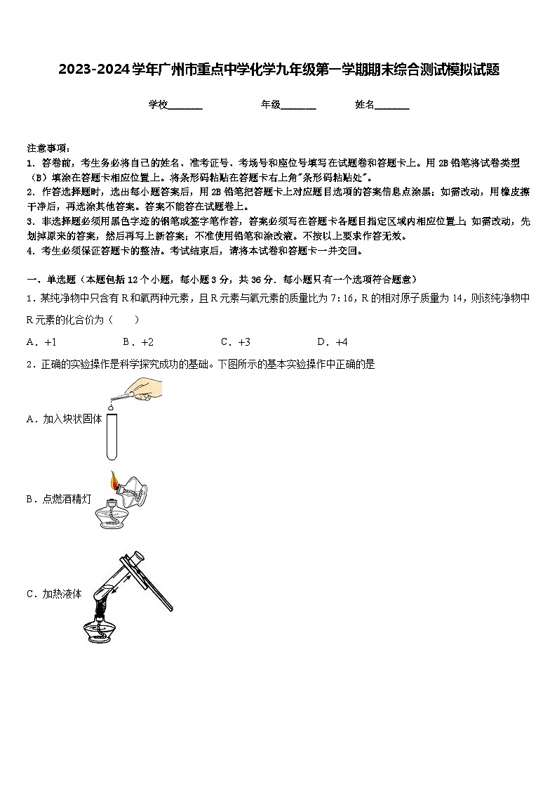 2023-2024学年广州市重点中学化学九年级第一学期期末综合测试模拟试题含答案第1页