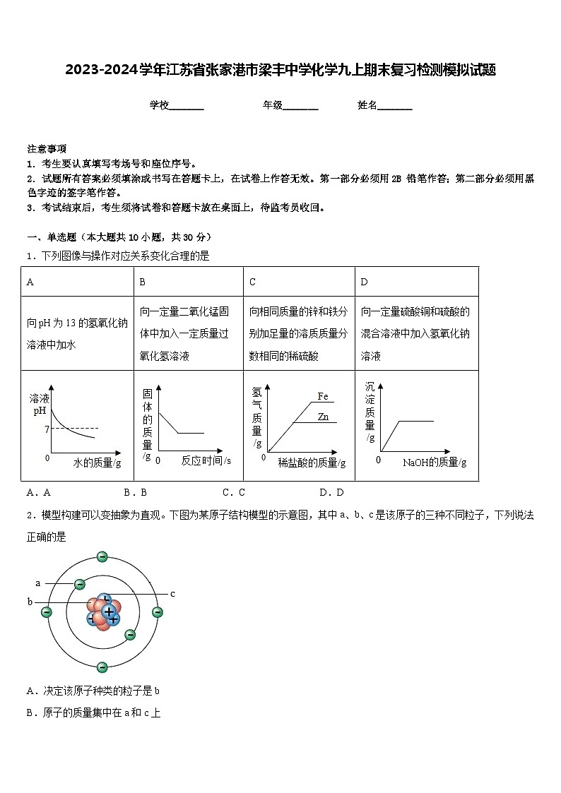 2023-2024学年江苏省张家港市梁丰中学化学九上期末复习检测模拟试题含答案第1页