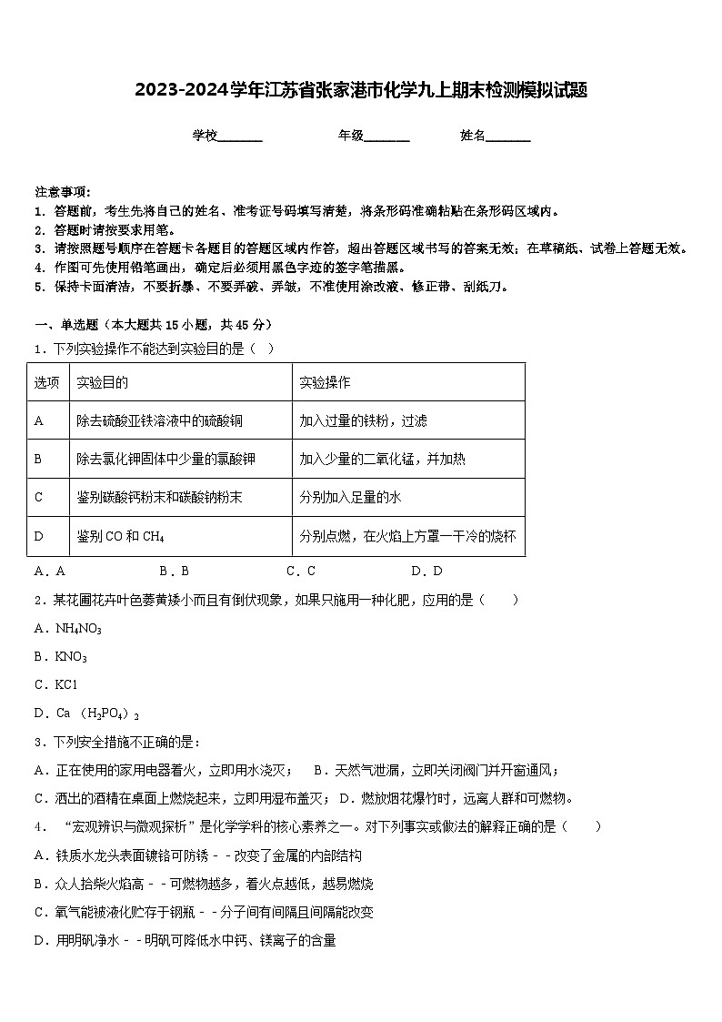 2023-2024学年江苏省张家港市化学九上期末检测模拟试题含答案第1页