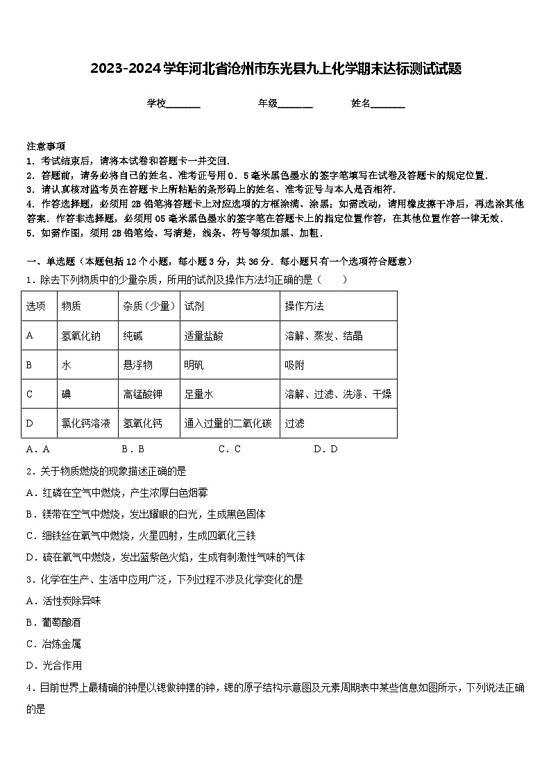 2023-2024学年河北省沧州市东光县九上化学期末达标测试试题含答案01