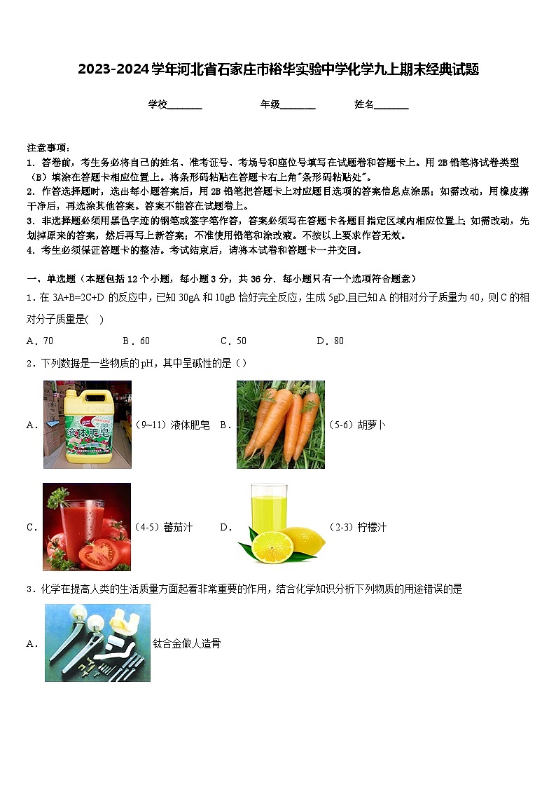 2023-2024学年河北省石家庄市裕华实验中学化学九上期末经典试题含答案第1页