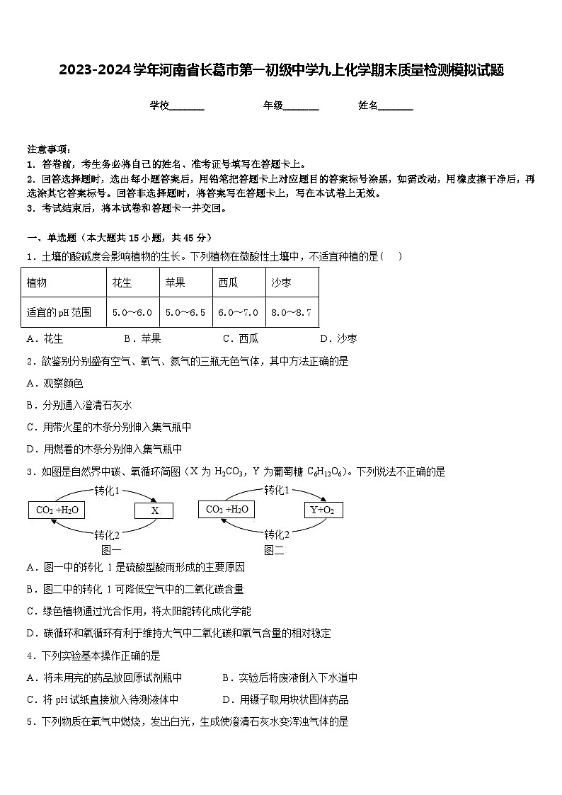 2023-2024学年河南省长葛市第一初级中学九上化学期末质量检测模拟试题含答案第1页