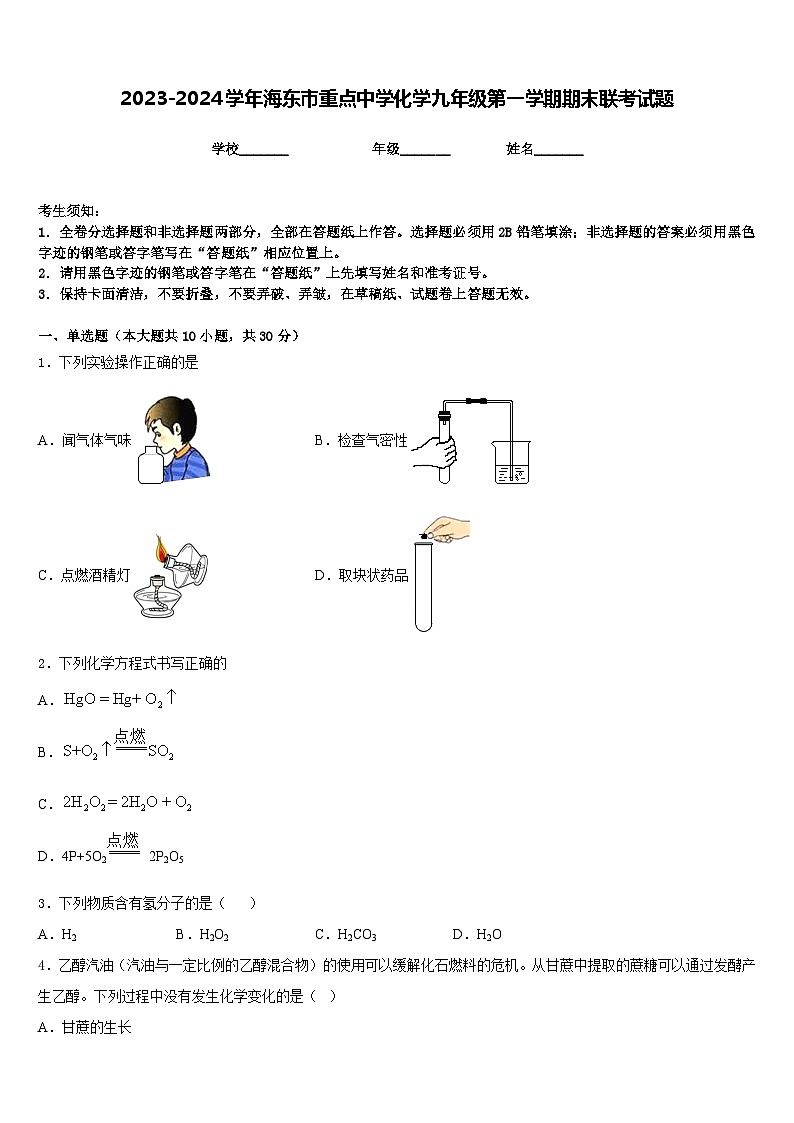 2023-2024学年海东市重点中学化学九年级第一学期期末联考试题含答案01