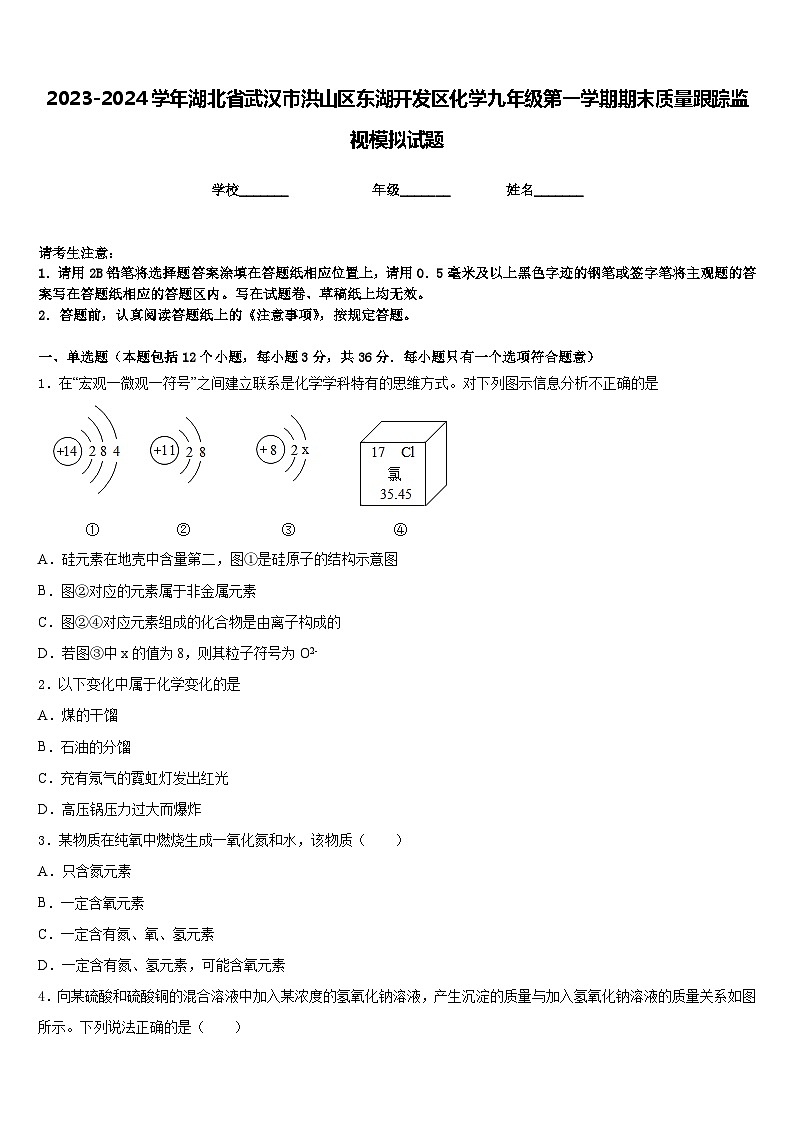 2023-2024学年湖北省武汉市洪山区东湖开发区化学九年级第一学期期末质量跟踪监视模拟试题含答案01