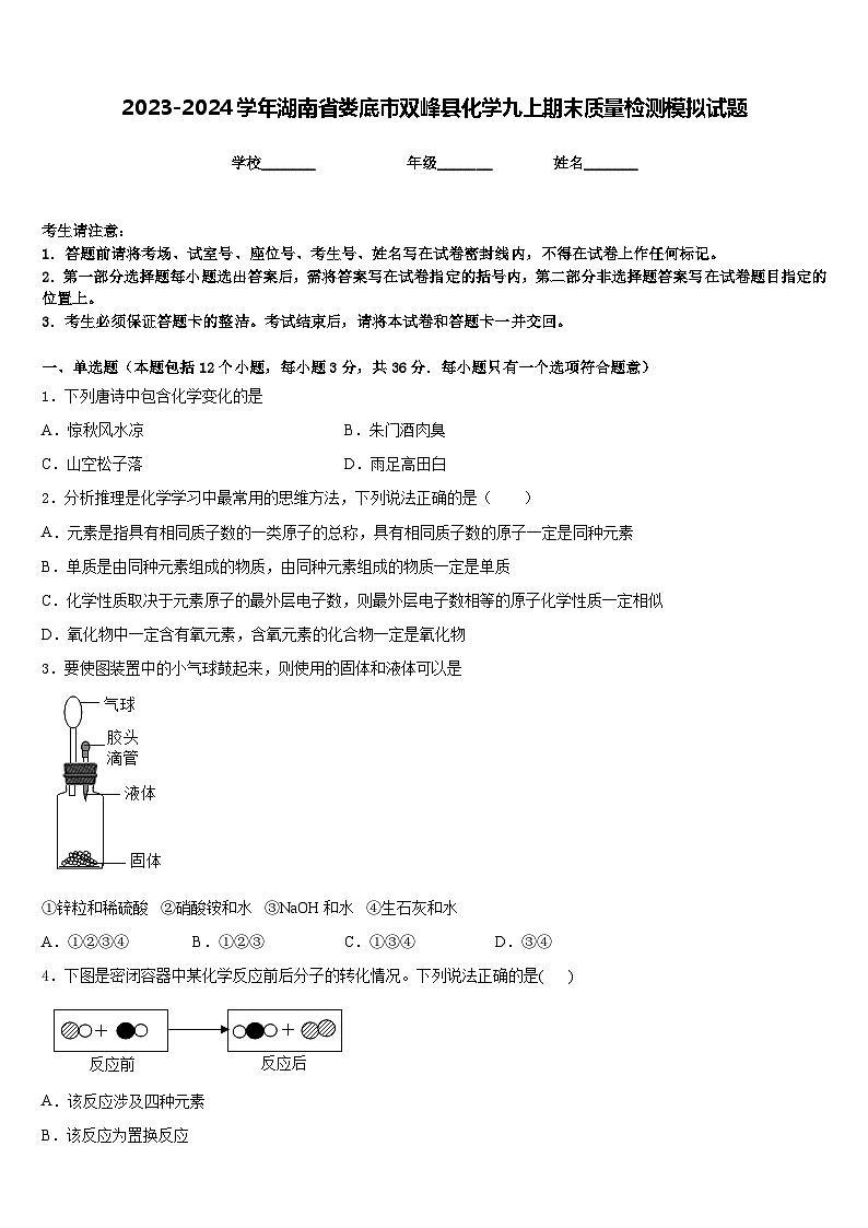 2023-2024学年湖南省娄底市双峰县化学九上期末质量检测模拟试题含答案第1页