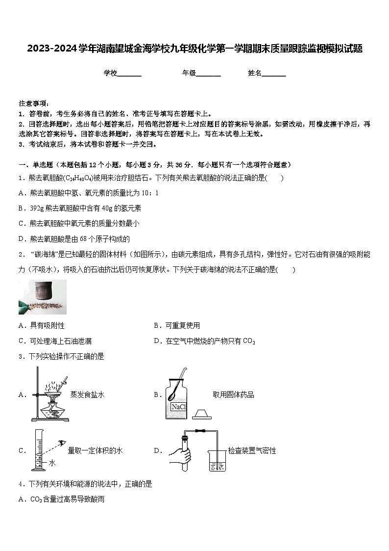 2023-2024学年湖南望城金海学校九年级化学第一学期期末质量跟踪监视模拟试题含答案第1页