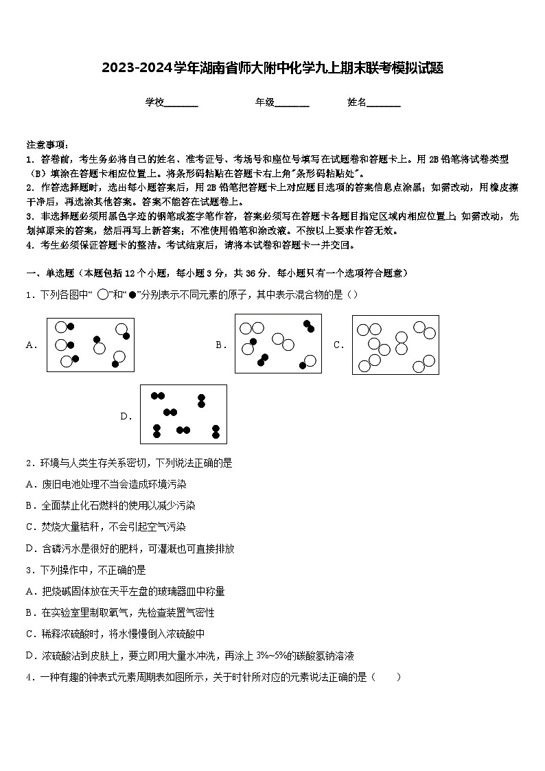 2023-2024学年湖南省师大附中化学九上期末联考模拟试题含答案第1页