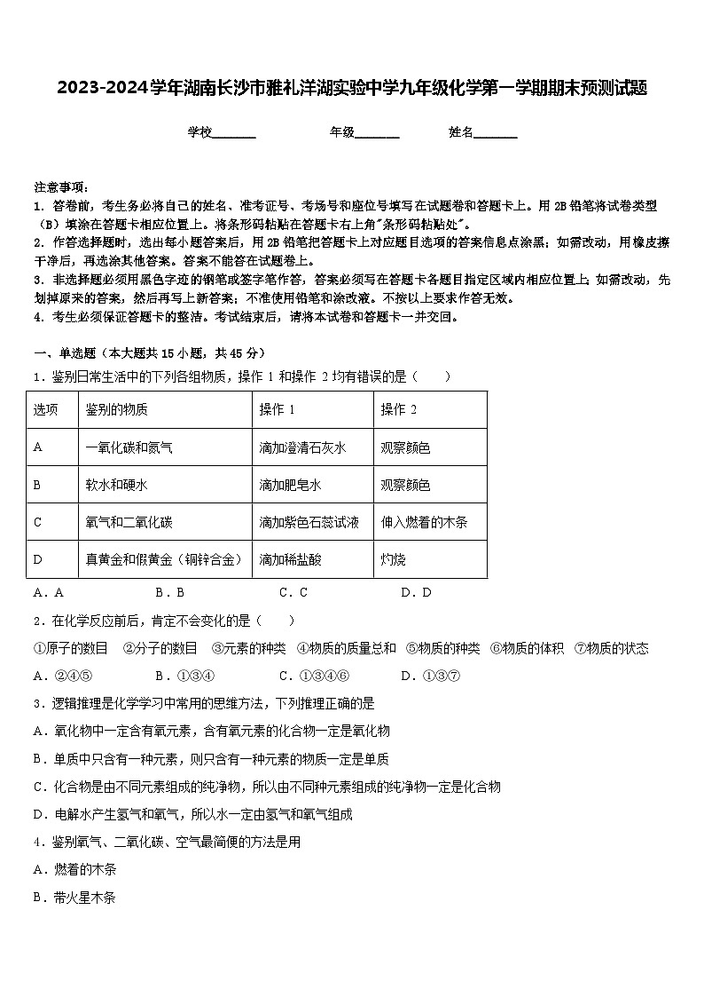 2023-2024学年湖南长沙市雅礼洋湖实验中学九年级化学第一学期期末预测试题含答案01