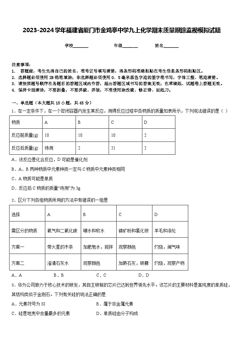 2023-2024学年福建省厦门市金鸡亭中学九上化学期末质量跟踪监视模拟试题含答案01