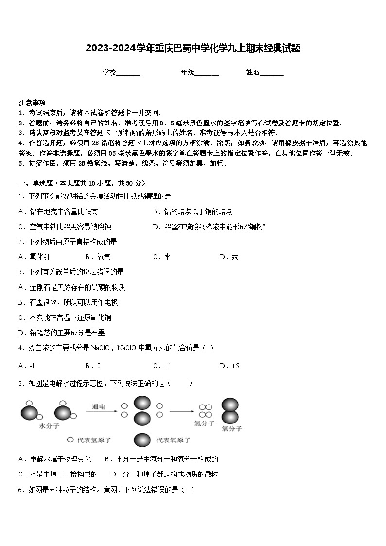 2023-2024学年重庆巴蜀中学化学九上期末经典试题含答案01
