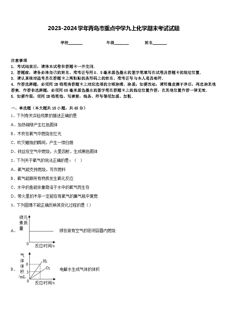 2023-2024学年青岛市重点中学九上化学期末考试试题含答案第1页