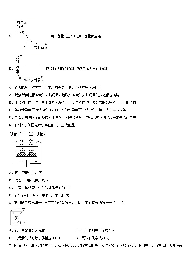 2023-2024学年青岛市重点中学九上化学期末考试试题含答案第2页