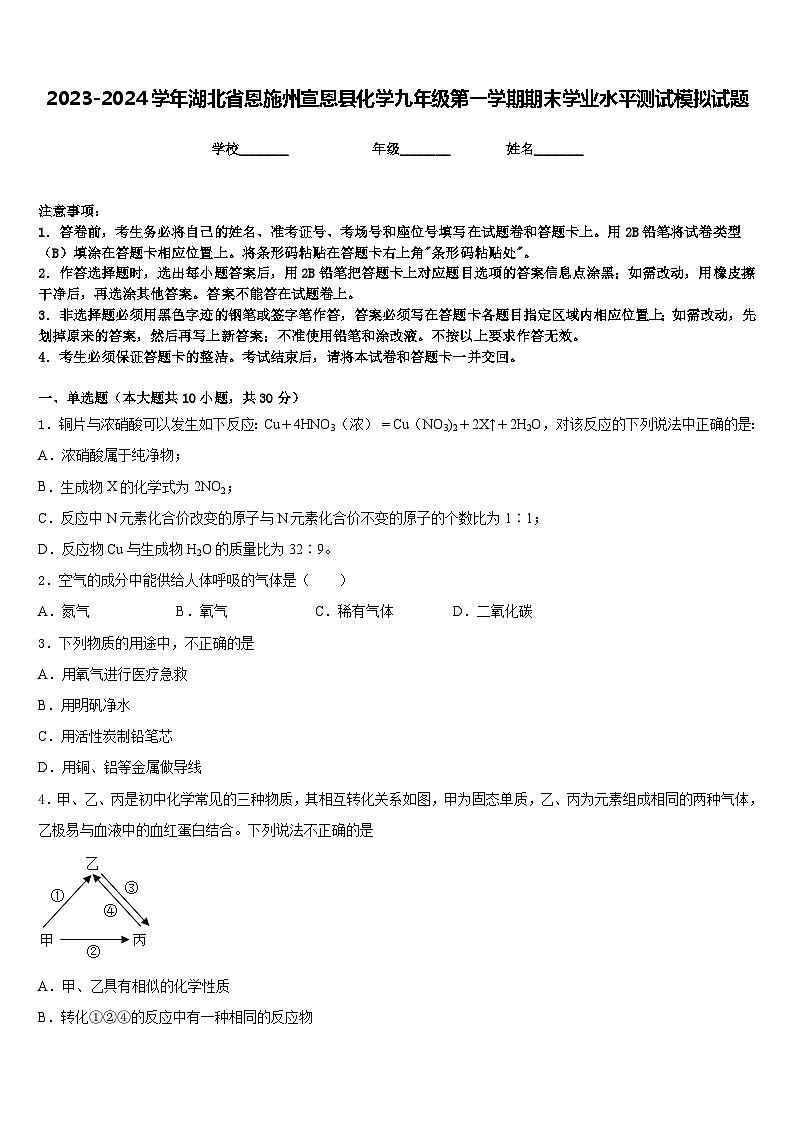 2023-2024学年湖北省恩施州宣恩县化学九年级第一学期期末学业水平测试模拟试题含答案01