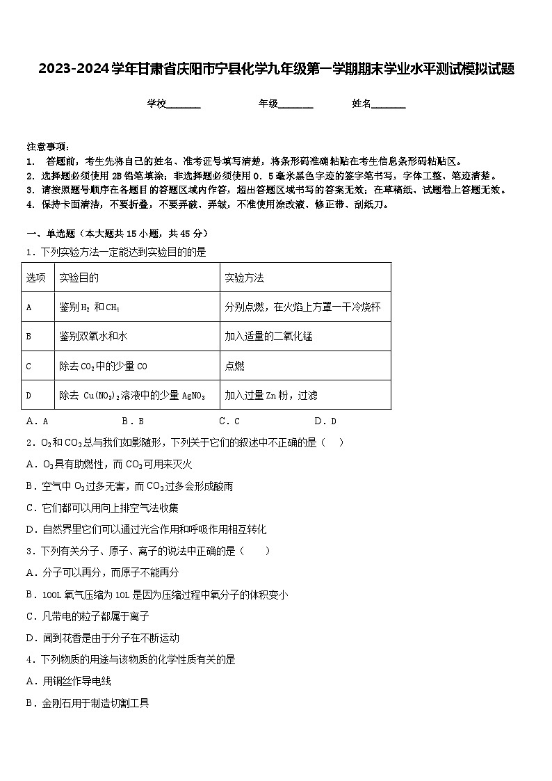 2023-2024学年甘肃省庆阳市宁县化学九年级第一学期期末学业水平测试模拟试题含答案01