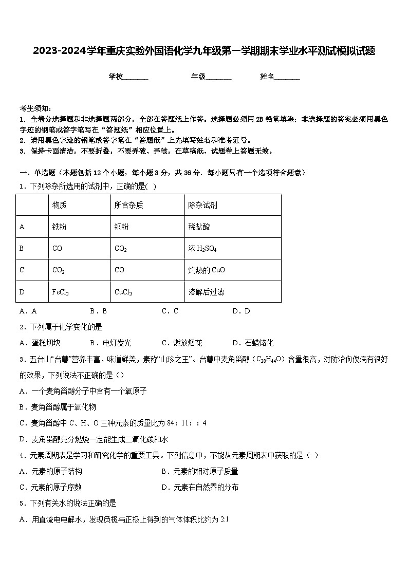 2023-2024学年重庆实验外国语化学九年级第一学期期末学业水平测试模拟试题含答案第1页