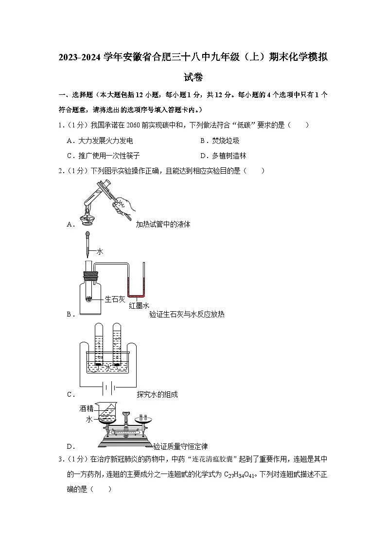 安徽省合肥三十八中2023-2024学年九年级上学期期末模拟化学试卷第1页