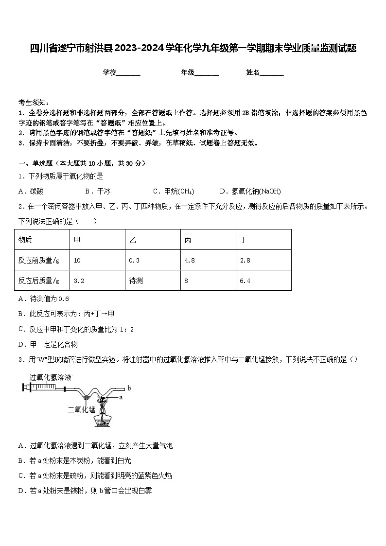 四川省遂宁市射洪县2023-2024学年化学九年级第一学期期末学业质量监测试题含答案第1页