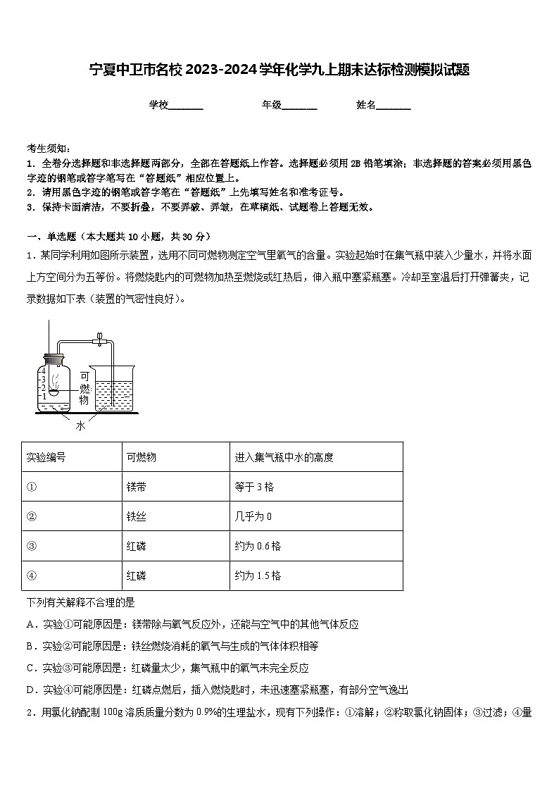 宁夏中卫市名校2023-2024学年化学九上期末达标检测模拟试题含答案第1页
