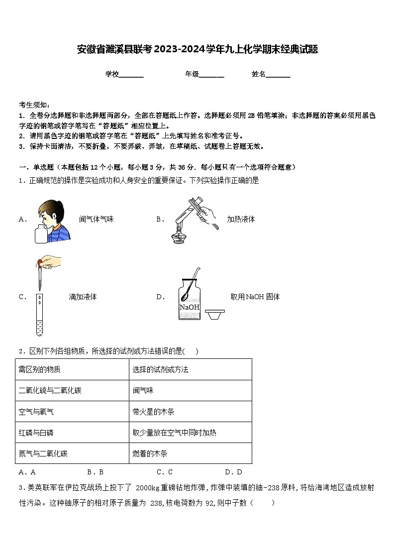 安徽省濉溪县联考2023-2024学年九上化学期末经典试题含答案第1页