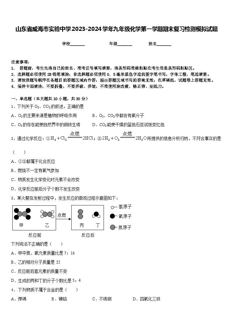 山东省威海市实验中学2023-2024学年九年级化学第一学期期末复习检测模拟试题含答案第1页