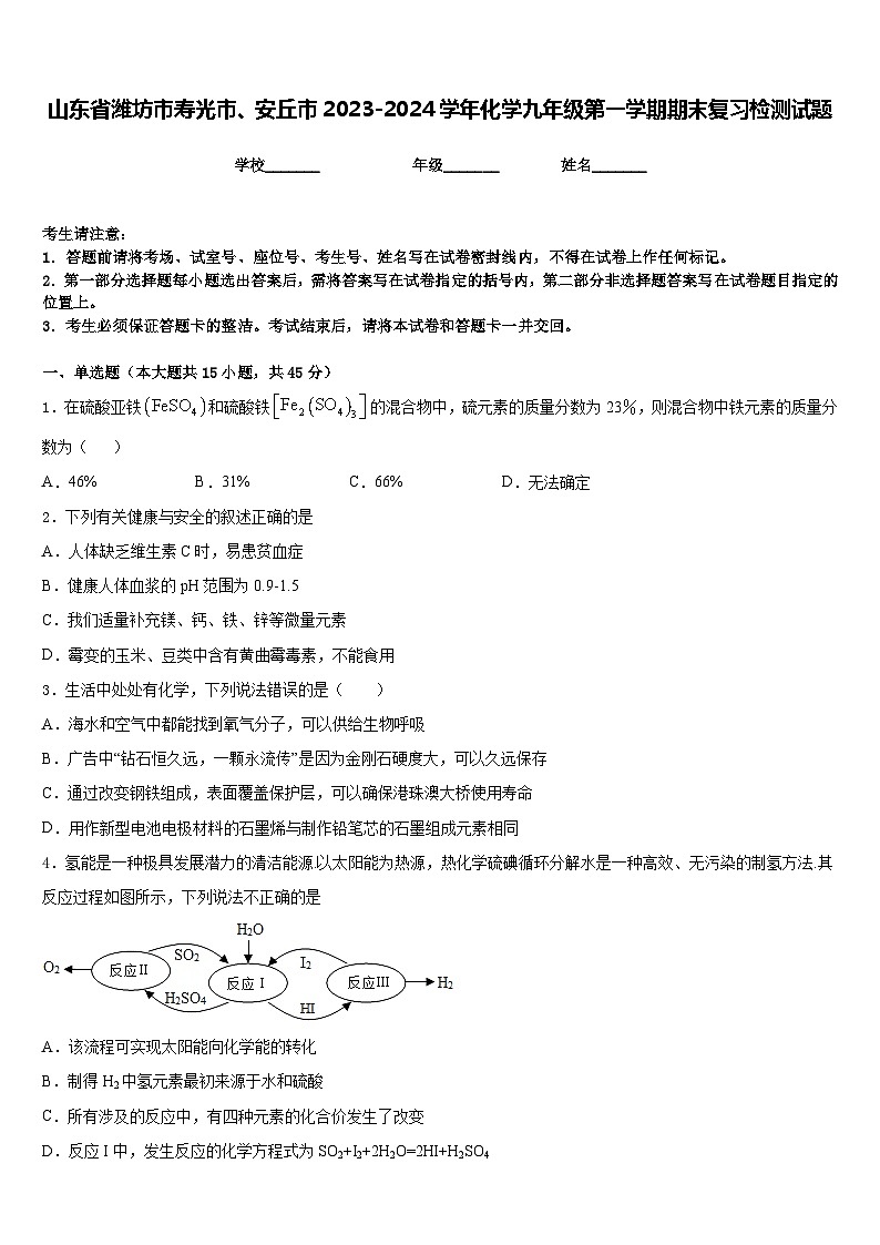 山东省潍坊市寿光市、安丘市2023-2024学年化学九年级第一学期期末复习检测试题含答案第1页