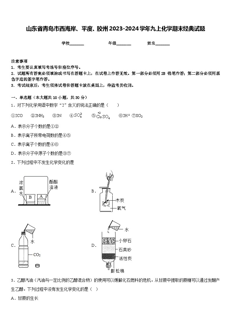 山东省青岛市西海岸、平度、胶州2023-2024学年九上化学期末经典试题含答案第1页