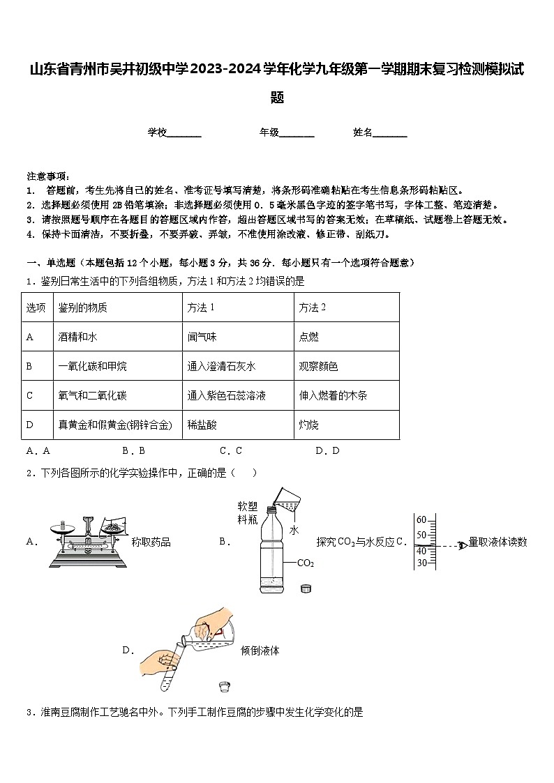 山东省青州市吴井初级中学2023-2024学年化学九年级第一学期期末复习检测模拟试题含答案第1页